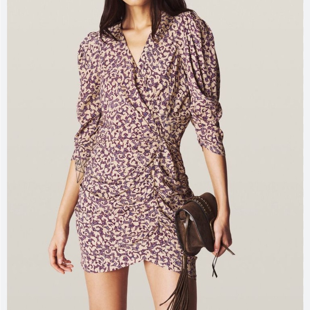 Ba&Sh Women’s Crystal Ruched Floral -SZ 2- Crepe Faux Wrap Mini Lady Dress